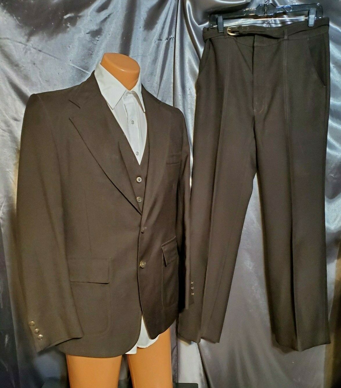Vtg 70s 3 Piece Suit Brown 40l Jacket Vest Coat 34x 31 Pants Disco Stitching