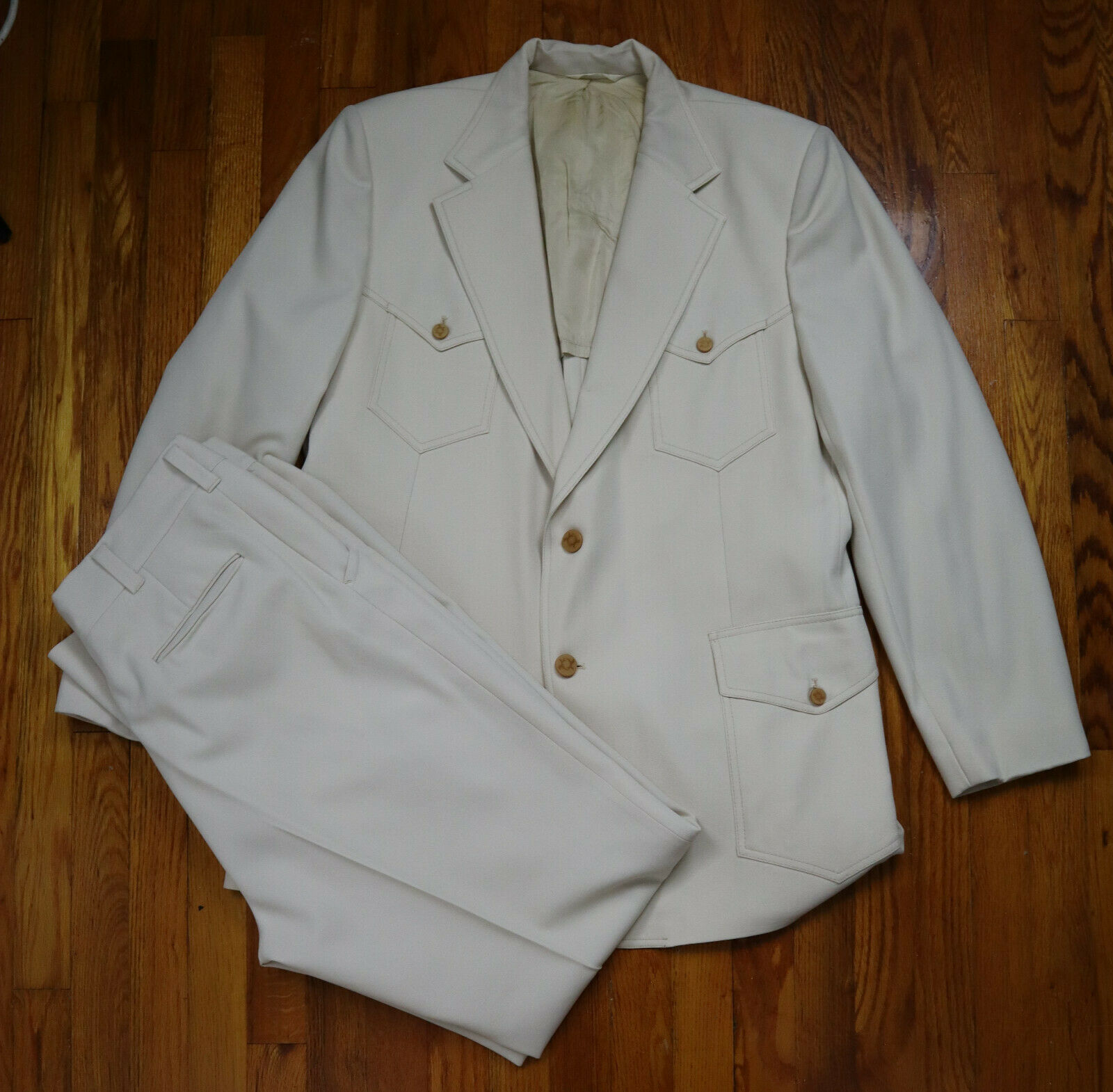 Vintage 1970s 70s Men's Beige Ivory Suit - Size 46l