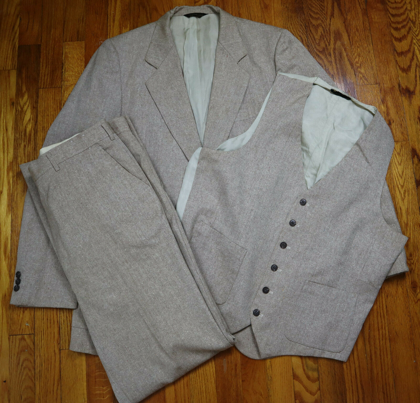Vintage Men's Beige 3 Piece Suit - Size 46l - Jacket Vest Pants