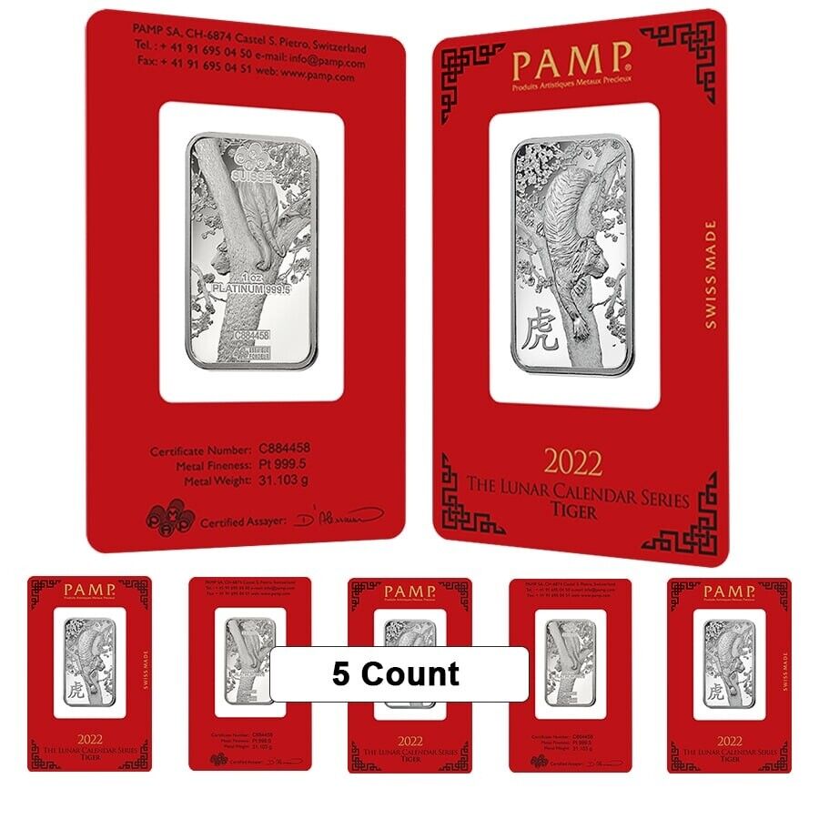 Lot Of 5 - 1 Oz Pamp Suisse Year Of The Tiger Platinum Bar (in Assay)