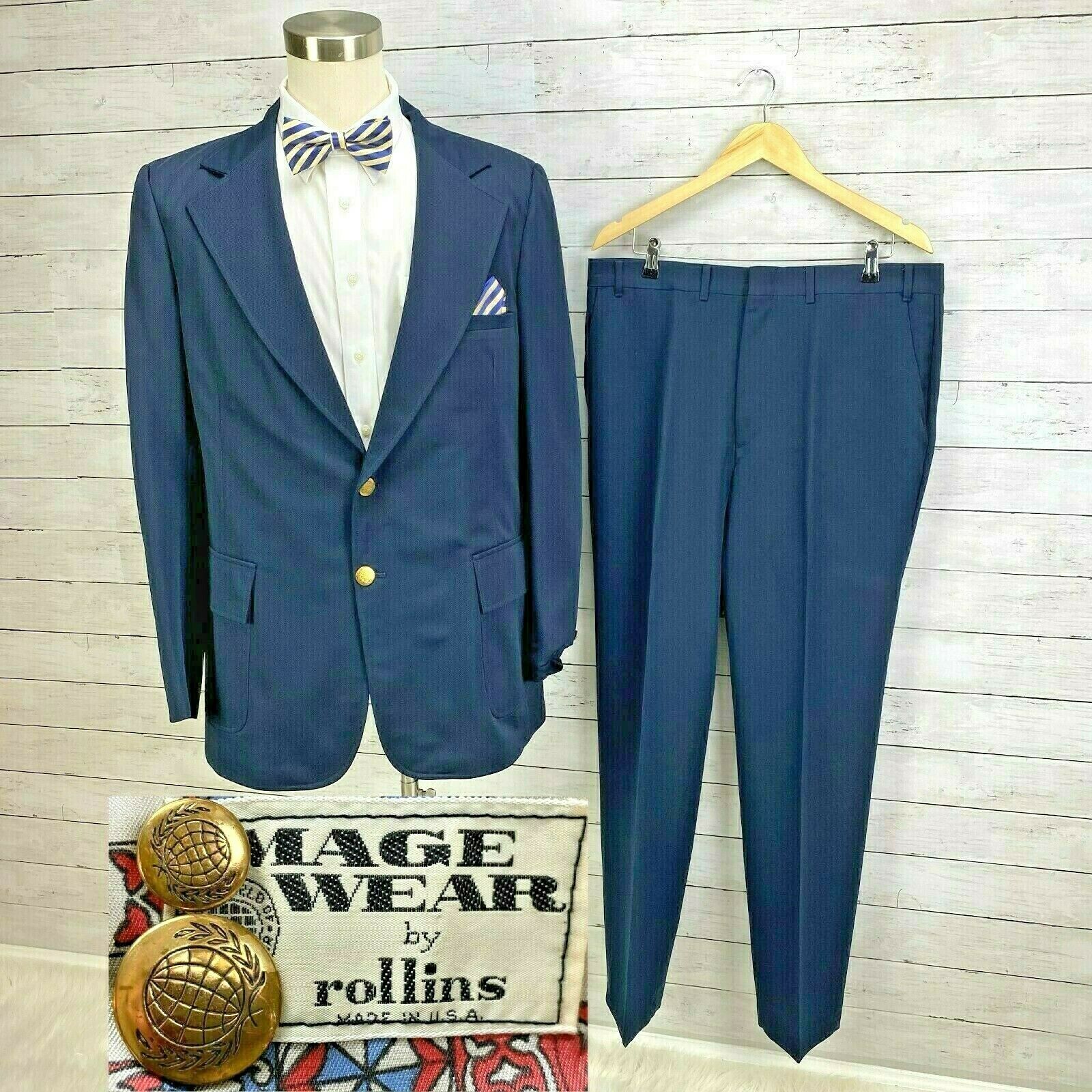Image Wear Rollins Vtg 60s/70s World Of Work Navy Gold Button 2 Pc Suit Mens 46l