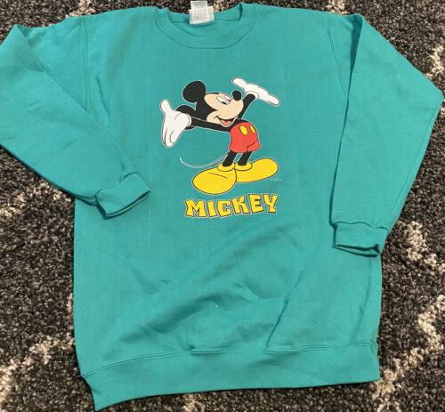 Vintage Disney Kids Green Mickey Mouse Pullover Sweater Size 14-16 Amazing Rare!