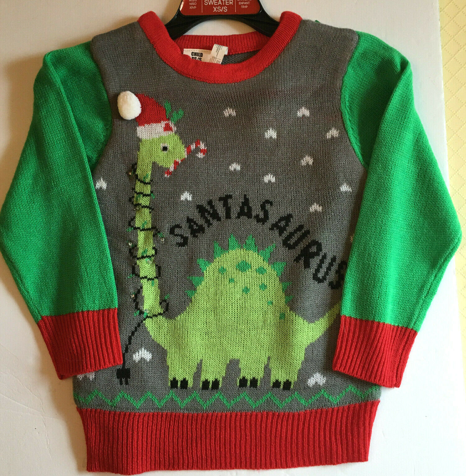 Christmas Light-up Child's Sweater~santasaurus By Amscan--new Xs/s