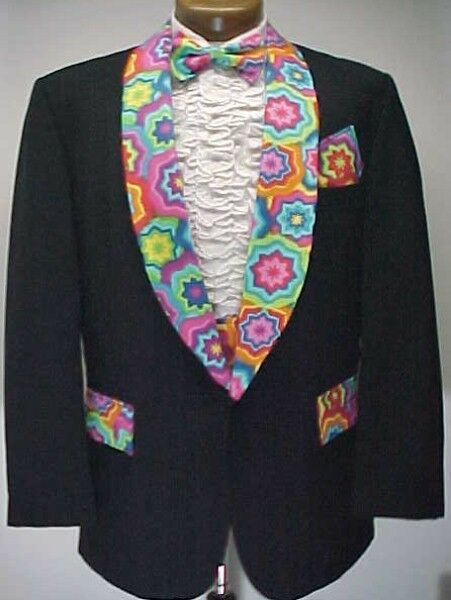 Black Tie Dye Hippie Starburst Print Vintage Tuxedo Smoking Jacket Sizes 44 - 58
