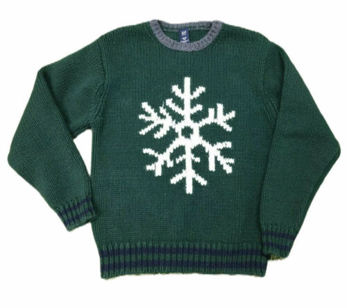 Gap Youth Xl Snowflake Sweater Wool Blend Sz12 Dark Green Christmas Holiday 2003