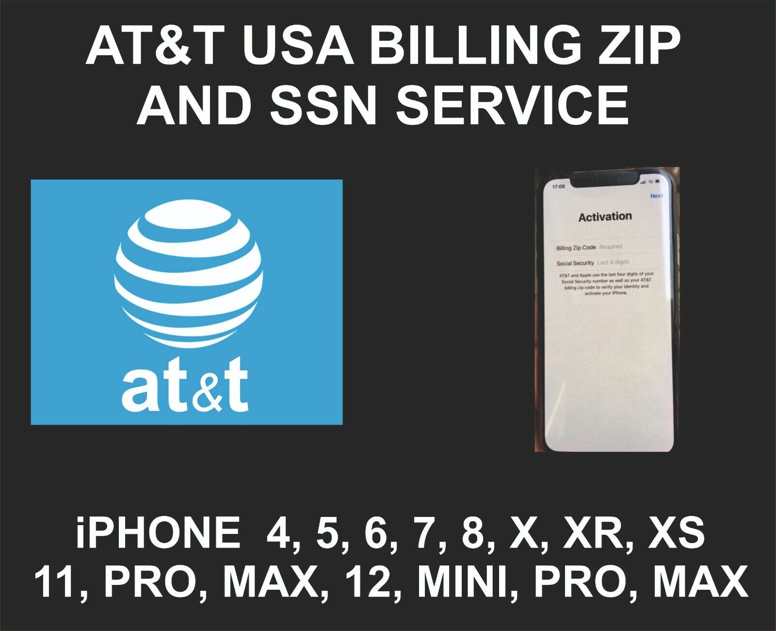 At&t Usa, Zip, Ssn Screen Unlock Service, Iphone 6, 7, 8, X, Xr, Xs, 11, 12, 13