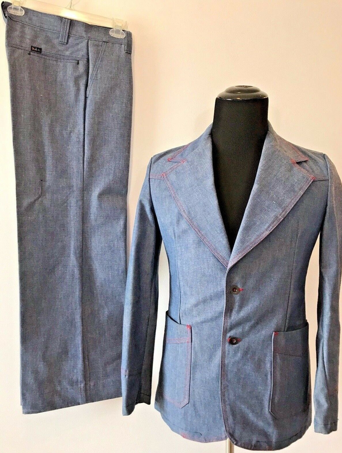 Vintage 1970s H.i.s. His Size 36 Leisure Suit Sportswear Blue Chambray Look P0