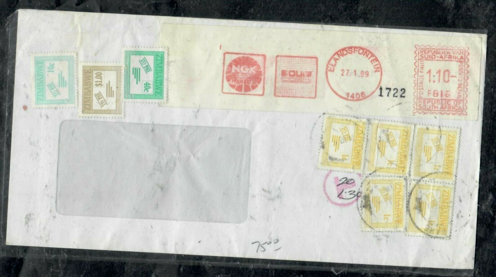 Zimbabwe Cover (pp0301b) 1999 Incoming Cover From Sa Postage Due 1cx5