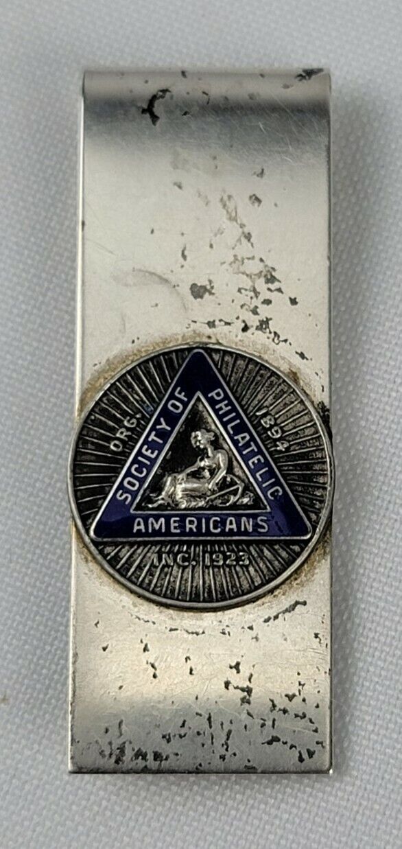 Rare Antique Society Of Philatelic Americans Enameled Sterling Silver Money Clip