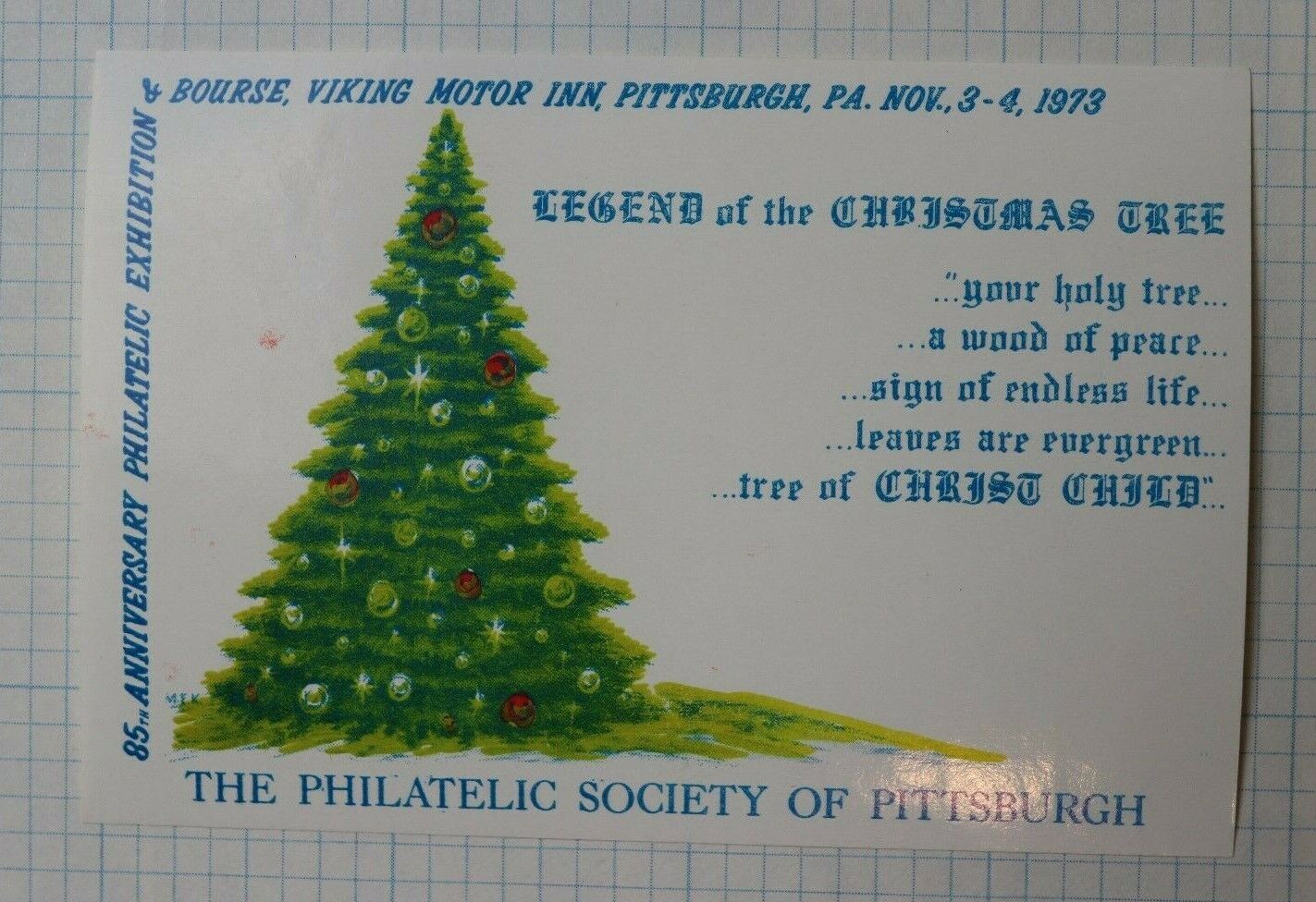 Pittsburgh Society Stamp Expo 1973 Christmas Tree Philatelic Souvenir Ad Label