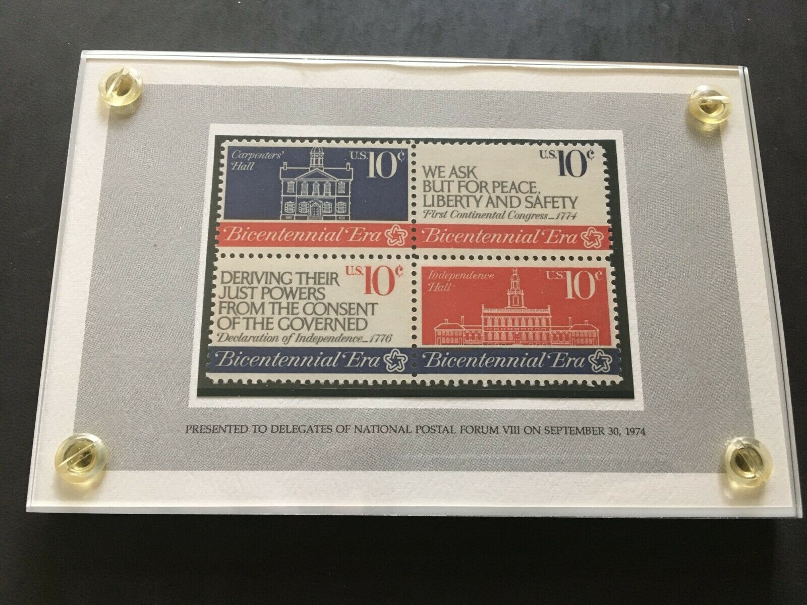 U.s. National Postal Forum Viii 1974 Delegates Plaque W/ Bicentennial Era Block