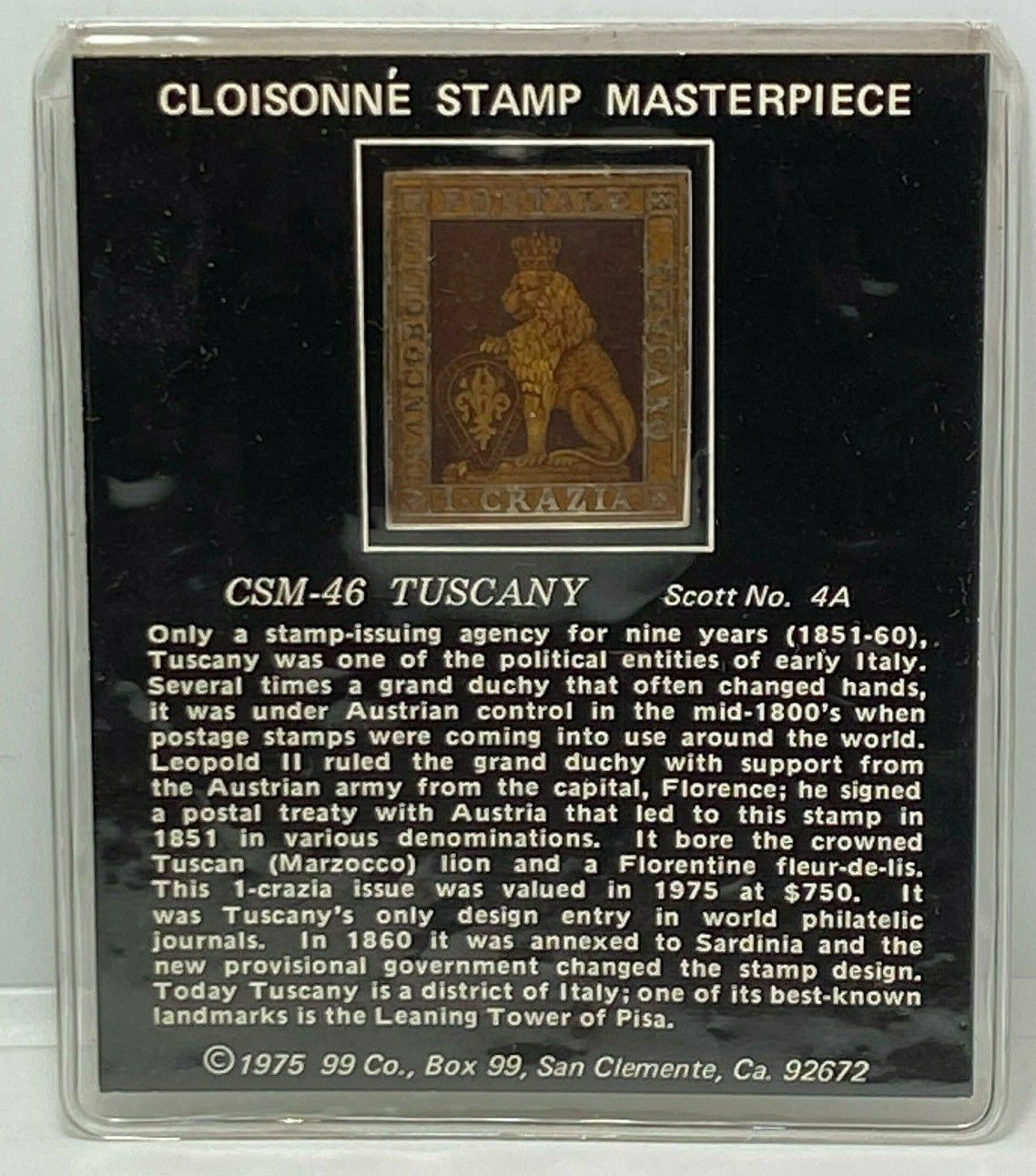 Cloisonne Stamp Masterpiece Csm-46 Tuscany 1.000 Fine Silver W/ Plastic Sleeve